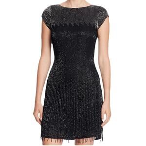 Aidan Mattox Black Beaded Fringe Embellished Cocktail Dress Size 2